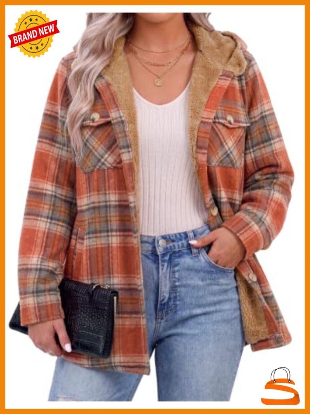 Plus Size Fleece Hooded Plaid Shacket Jacket Warm Coat